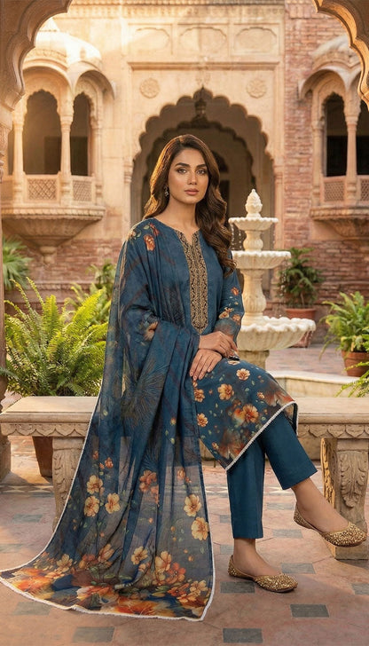 D# 5547 Teal Blue Lawn 3 Pcs Unstitched