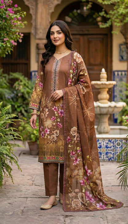 D# 5548 Coffee Lawn 3 Pcs Unstitched