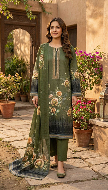 D# 5549 Mehndi Lawn 3 Pcs Unstitched