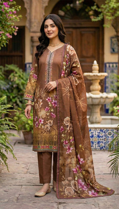 D# 5550 Brown Lawn 3 Pcs Unstitched