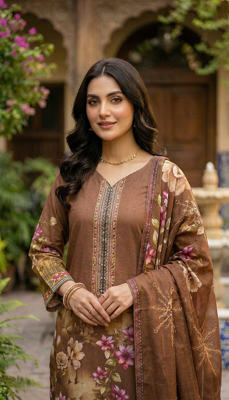 D# 5550 Brown Lawn 3 Pcs Unstitched
