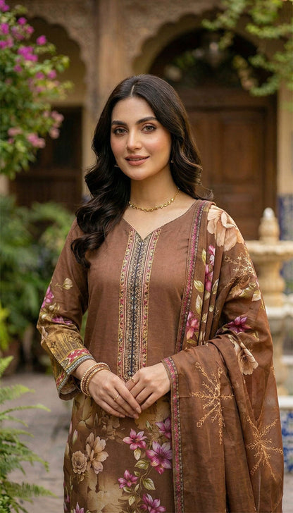 D# 5550 Brown Lawn 3 Pcs Unstitched