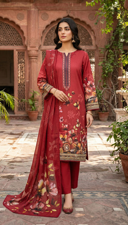 D# 5554 Burgundy Lawn 3 Pcs Unstitched