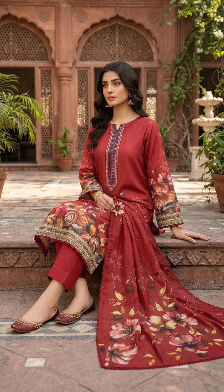 D# 5554 Burgundy Lawn 3 Pcs Unstitched
