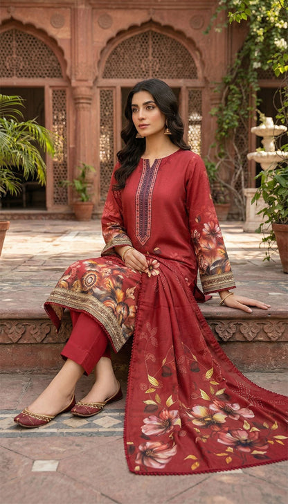 D# 5554 Burgundy Lawn 3 Pcs Unstitched