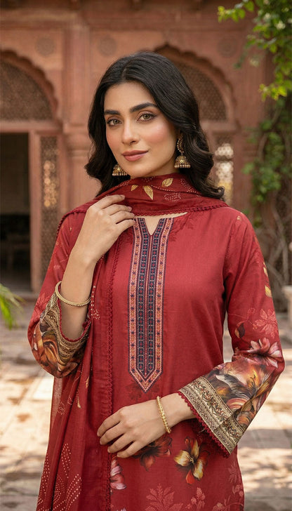 D# 5554 Burgundy Lawn 3 Pcs Unstitched