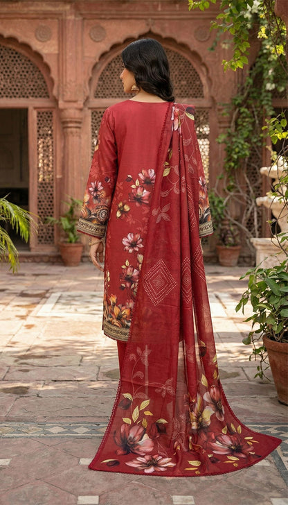 D# 5554 Burgundy Lawn 3 Pcs Unstitched