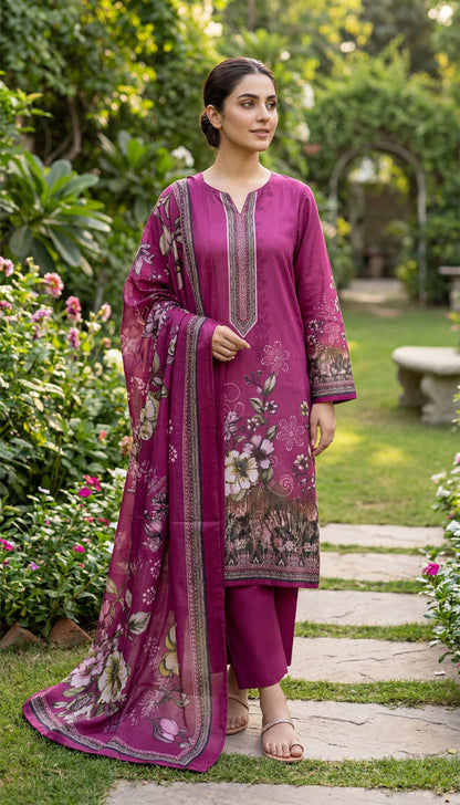 D# 5555 Pink Lawn 3 Pcs Unstitched