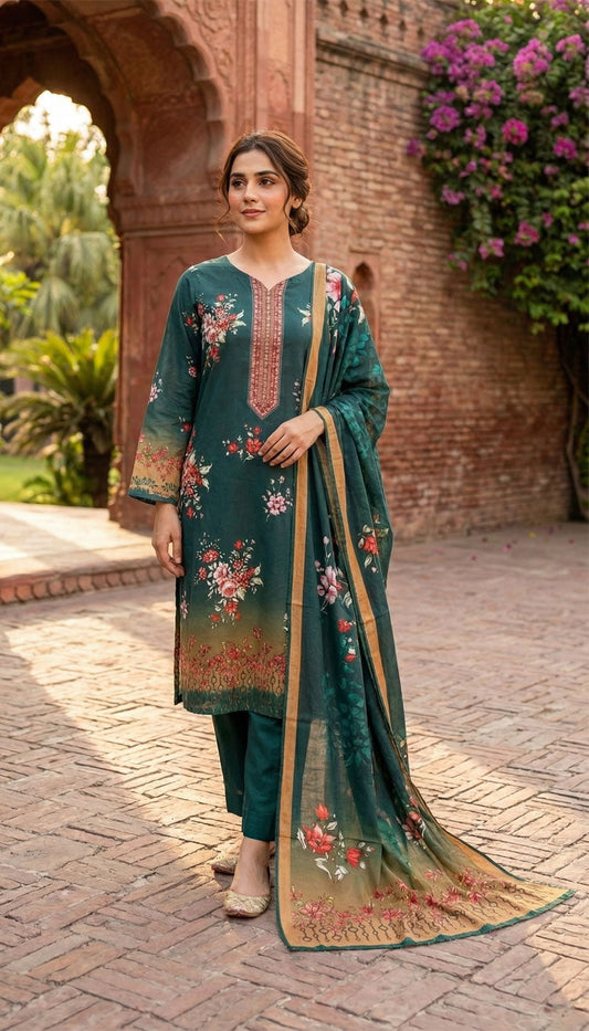 D# 5556 Teal Green Lawn 3 Pcs Unstitched