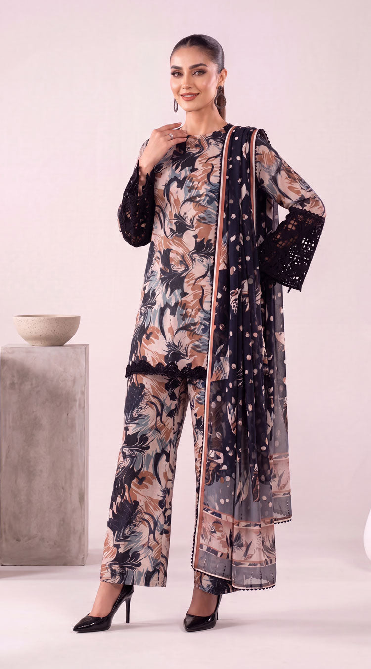 D# 7001 Black Banadora Lawn 3 Pcs Unstitched