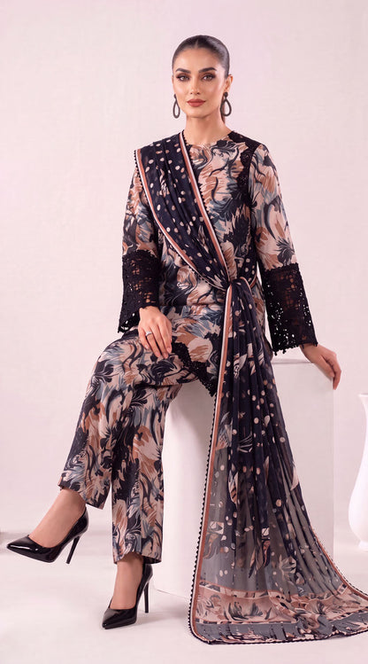 D# 7001 Black Banadora Lawn 3 Pcs Unstitched