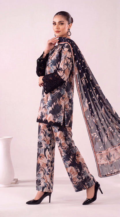D# 7001 Black Banadora Lawn 3 Pcs Unstitched