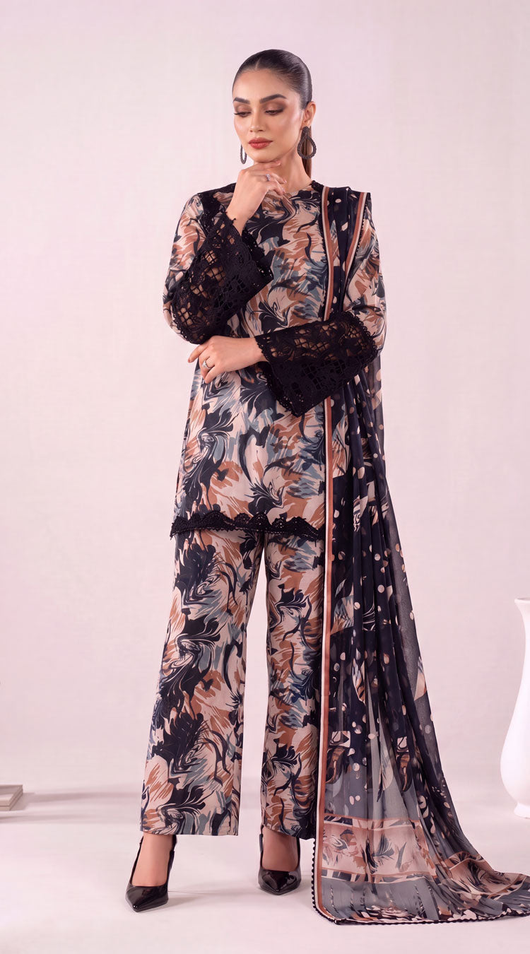 D# 7001 Black Banadora Lawn 3 Pcs Unstitched