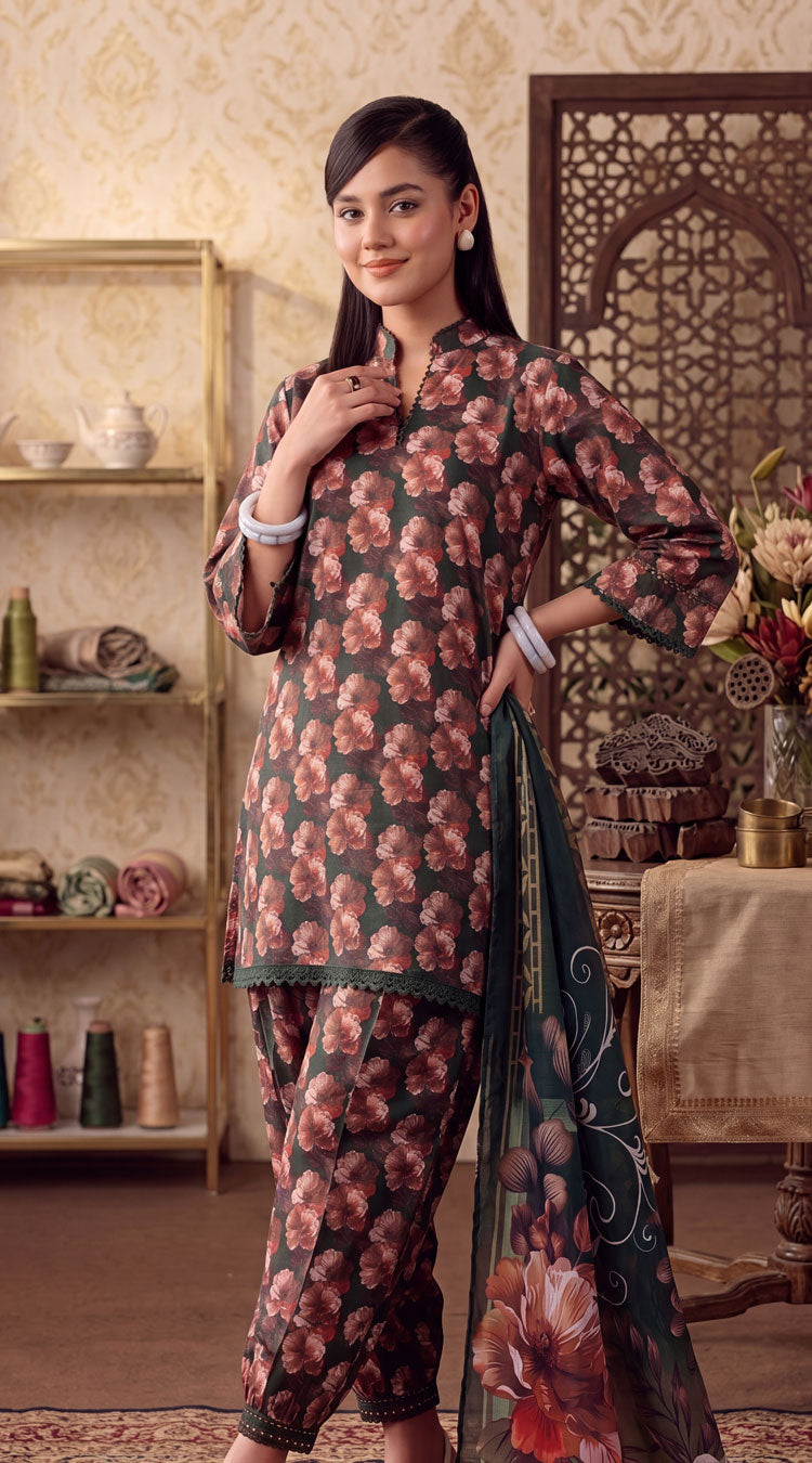 D# 7005 Green Banadora Lawn 3 Pcs Unstitched