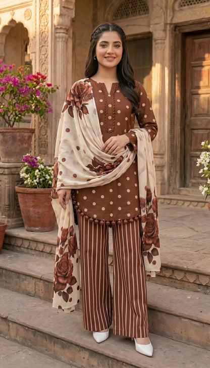 D# 7011 POLKA BROWN3 PCS UNSTITCHED
