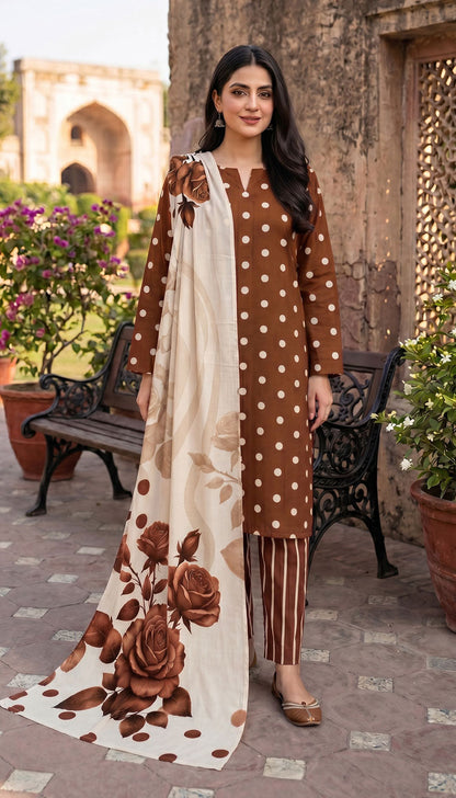 D# 7011 POLKA BROWN 3 PCS UNSTITCHED