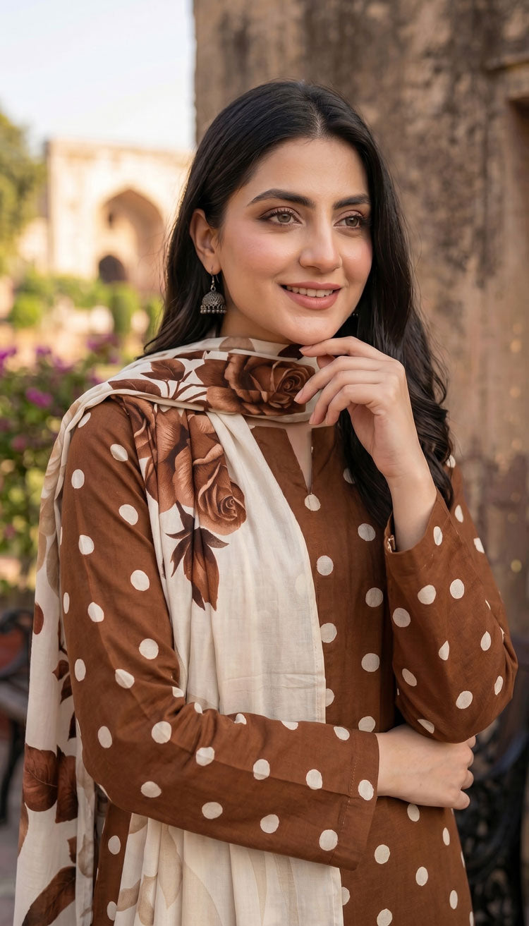 D# 7011 POLKA BROWN3 PCS UNSTITCHED