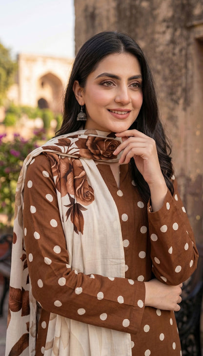 D# 7011 POLKA BROWN3 PCS UNSTITCHED
