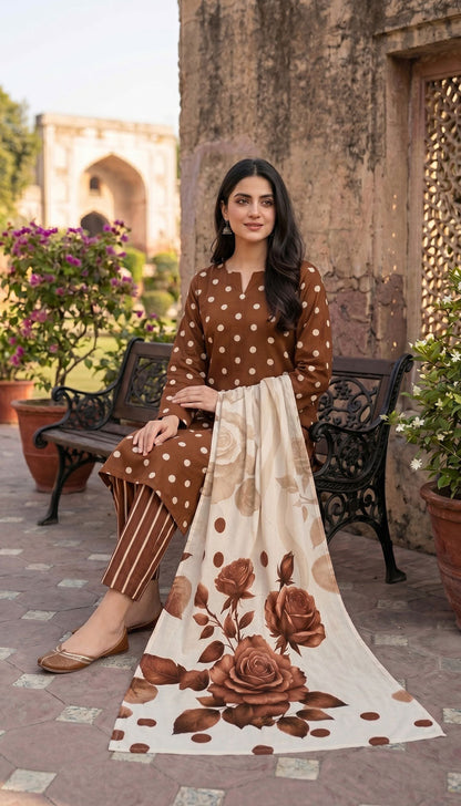 D# 7011 POLKA BROWN 3 PCS UNSTITCHED
