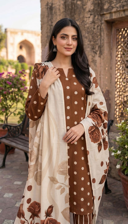 D# 7011 POLKA BROWN3 PCS UNSTITCHED