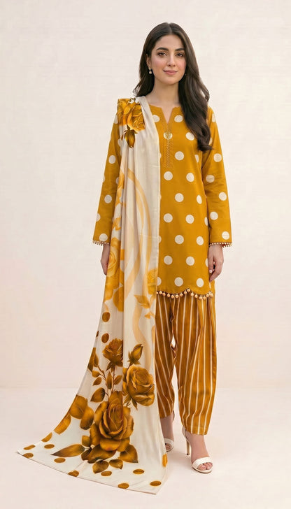 D# 7013 POLKA MUSTARD 3 PCS UNSTITCHED