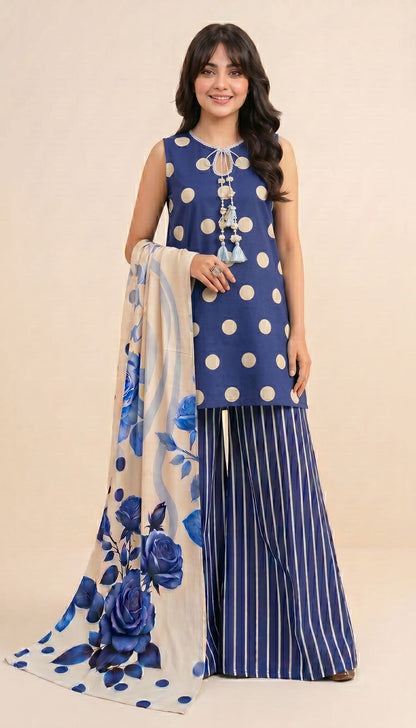 D# 7014 POLKA BLUE 3 PCS UNSTITCHED