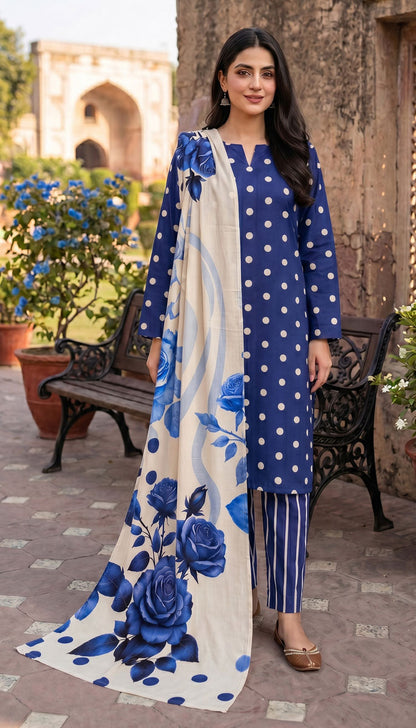 D# 7014 POLKA BLUE 3 PCS UNSTITCHED