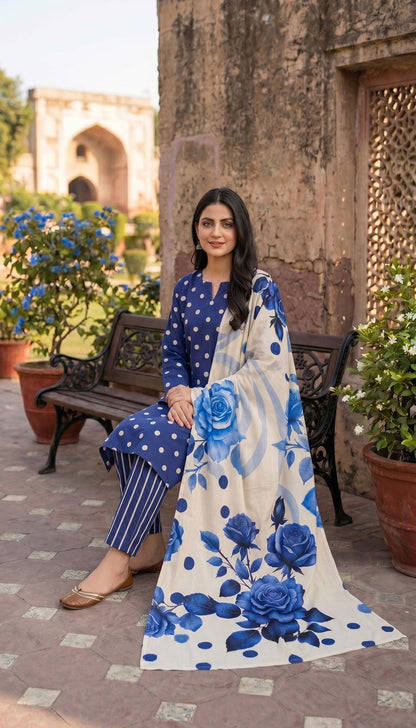 D# 7014 POLKA BLUE 3 PCS UNSTITCHED