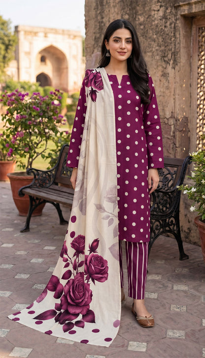 D# 7015 POLKA HOT PINK 3 PCS UNSTITCHED