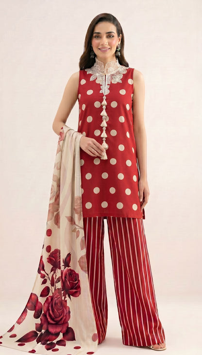 D# 7015 POLKA RED 3 PCS UNSTITCHED