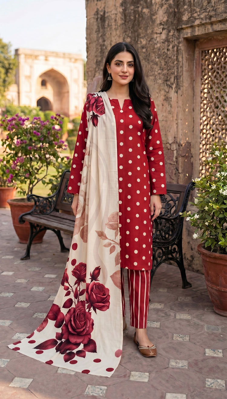 D# 7015 POLKA RED 3 PCS UNSTITCHED