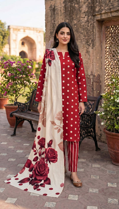 D# 7015 POLKA RED 3 PCS UNSTITCHED