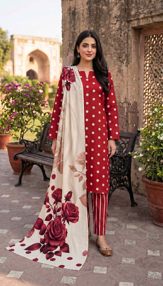D# 7015 POLKA RED 3 PCS UNSTITCHED