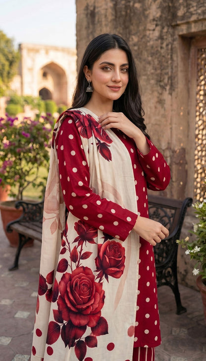 D# 7015 POLKA RED 3 PCS UNSTITCHED