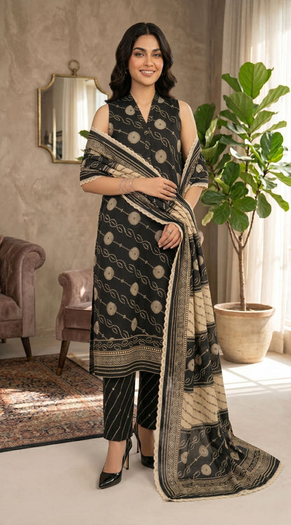 D# 7019 BLACK 3 PCS Unstitched Lawn