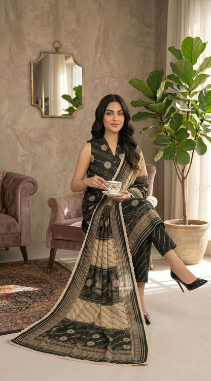 D# 7019 BLACK 3 PCS Unstitched Lawn