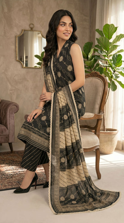 D# 7019 BLACK 3 PCS Unstitched Lawn