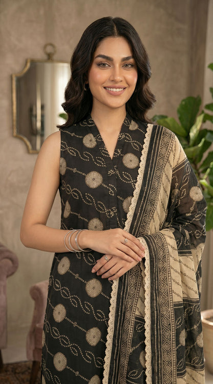 D# 7019 BLACK 3 PCS Unstitched Lawn
