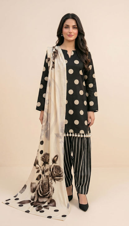 D# 7025 POLKA BLACK 3 PCS UNSTITCHED
