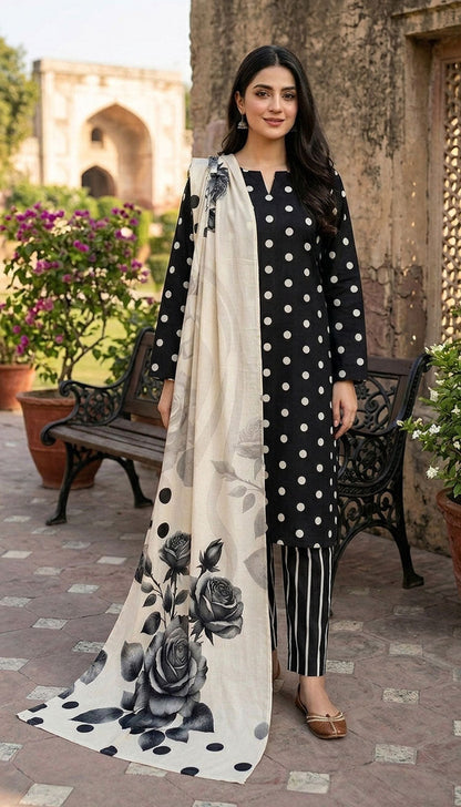 D# 7025 POLKA BLACK 3 PCS UNSTITCHED