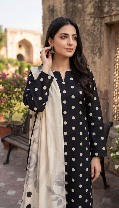 D# 7025 POLKA BLACK 3 PCS UNSTITCHED