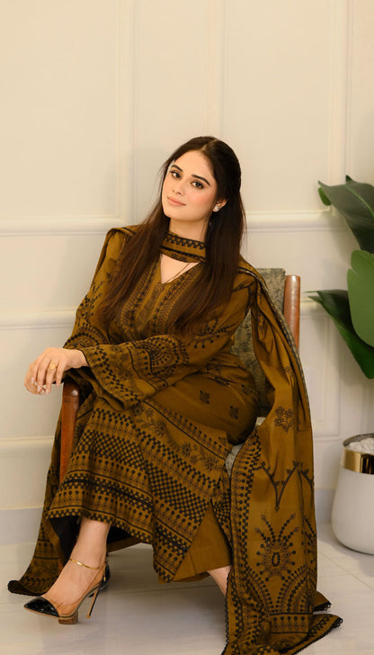 LNF P019 MEHNDI 3 PCS PRINTED UNSTITCHED
