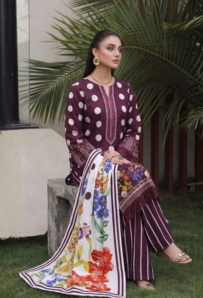 D# 11184 Wine Purple 3 PCS Unstitched Lawn