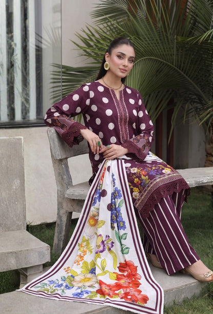 D# 11184 Wine Purple 3 PCS Unstitched Lawn