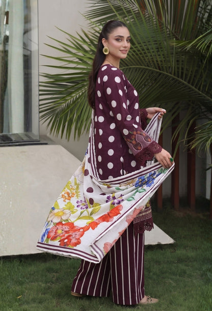 D# 11184 Wine Purple 3 PCS Unstitched Lawn