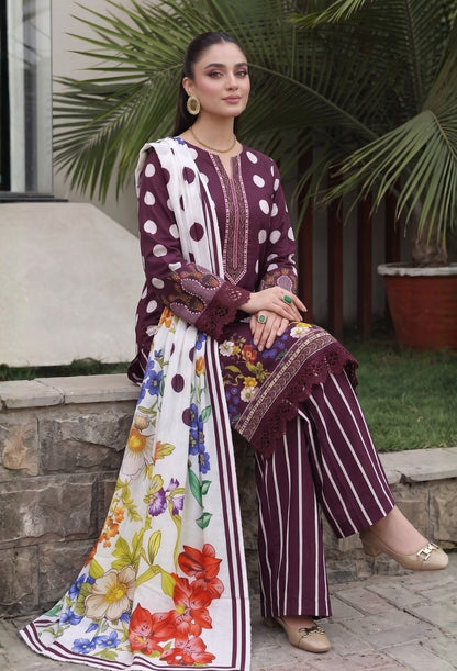 D# 11184 Wine Purple 3 PCS Unstitched Lawn