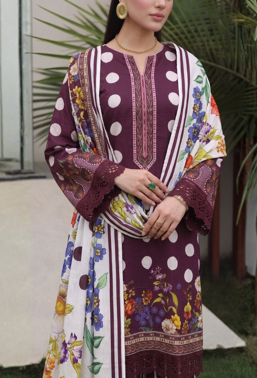 D# 11184 Wine Purple 3 PCS Unstitched Lawn