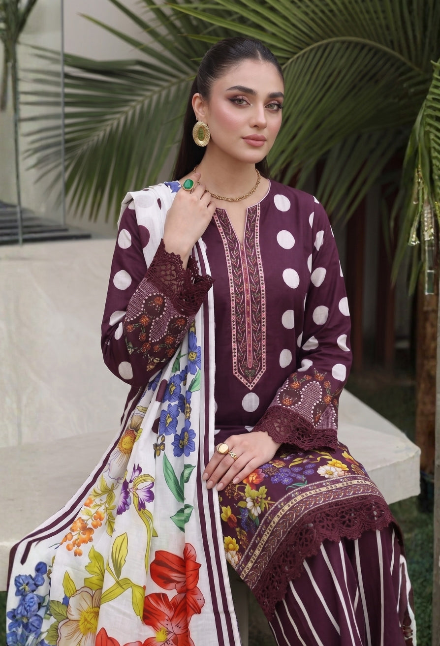 D# 11184 Wine Purple 3 PCS Unstitched Lawn
