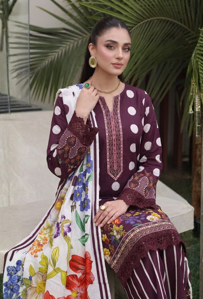 D# 11184 Wine Purple 3 PCS Unstitched Lawn