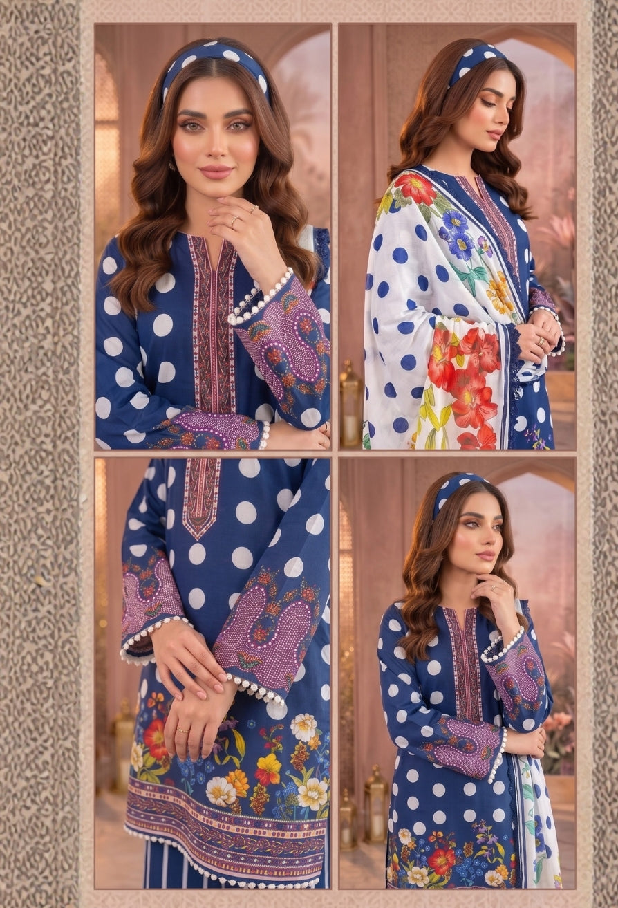 D# 11184 Blue 3 PCS Unstitched Lawn